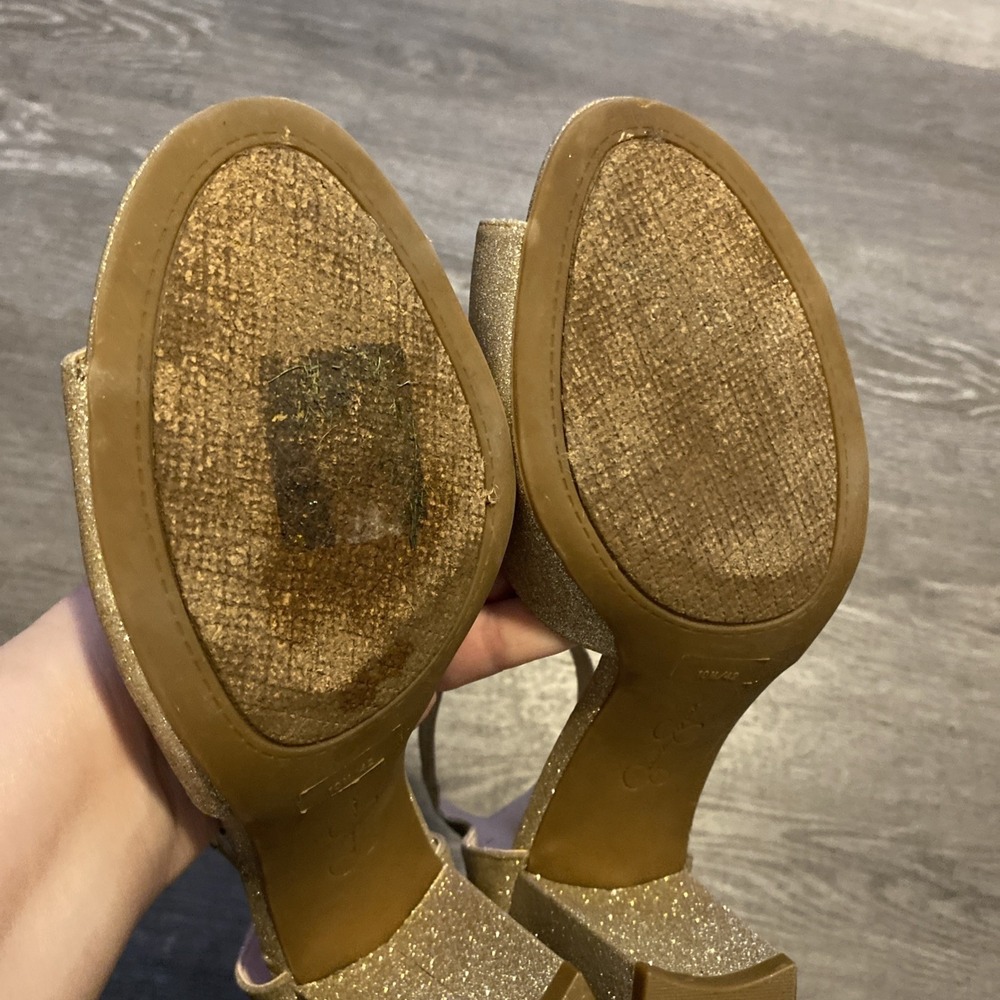JESSICA SIMPSON "SHERRON" ANKLE STRAP BLOCK HEEL SANDAL GOLD GLITTER FINISH 10M - Picture 11 of 16